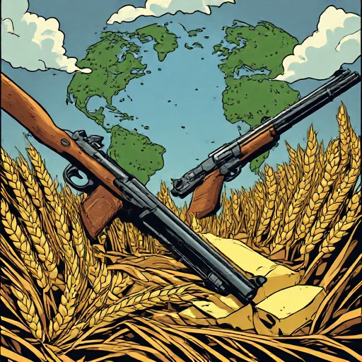 Rifles lying in a wheat field
          beneath a globe